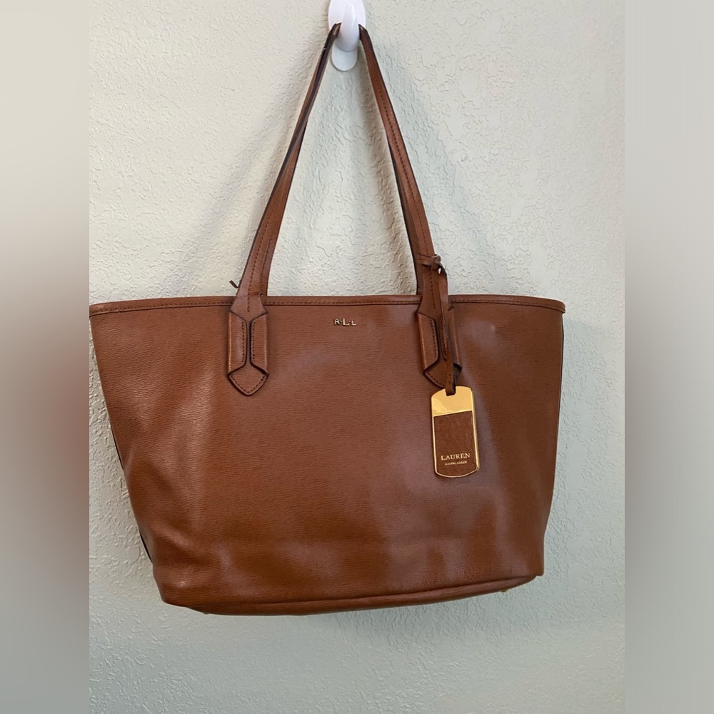 Lauren Ralph Lauren Gorgeous Camel Brown Canvas Leather Medium Shoulder Tote Bag